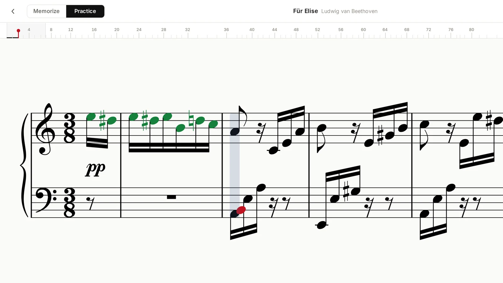 Practice view: right notes green, a wrong note flagged red